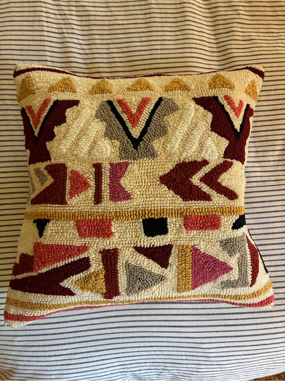 Boho Geometric Hooked Pillow - Cream with Burgundy & Mustard Accents